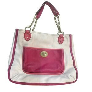 Coach Leather Tote Bag Pink Cream Turnlock Pocket Chain Strap Shoulder Purse